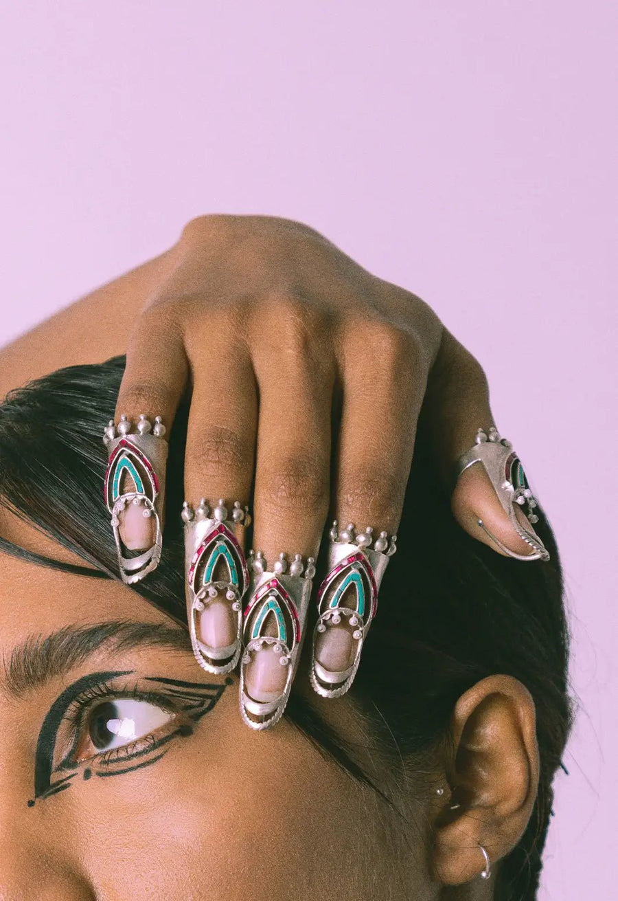 Cleo in 925 sterling silver, worn by a model – nail rings, Bhavya Ramesh