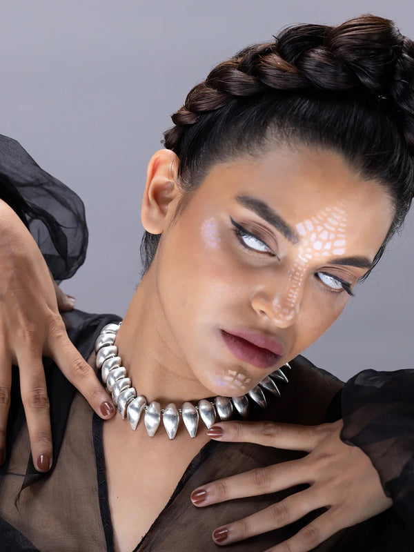 Cobrath Neckpiece in sterling silver, worn by a model – neck pieces, Bhavya Ramesh