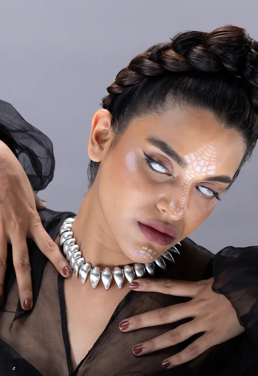 Cobrath Neckpiece in sterling silver, worn by a model – neck pieces, Bhavya Ramesh