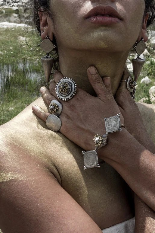 D Bangle in sterling silver, worn by a model – bangle, Bhavya Ramesh