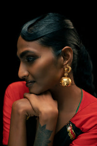 Dera Earrings in 18-carat gold plating on sterling silver, worn by a model – earrings, Bhavya Ramesh
