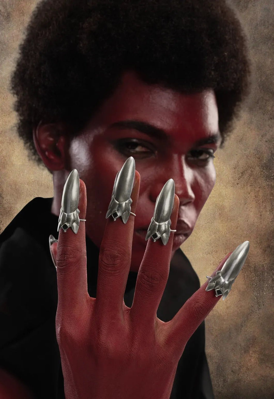 Devil Dagger Nail Ring in 925 sterling silver, worn by a model – nail rings, Bhavya Ramesh