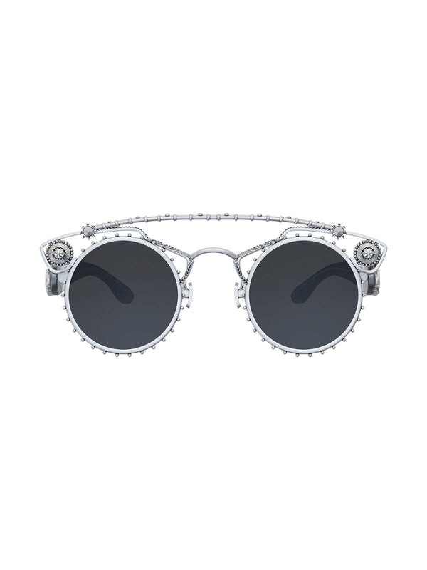 Dinero Sunglasses in 925 sterling silver, product photo on black – sunglasses, Bhavya Ramesh