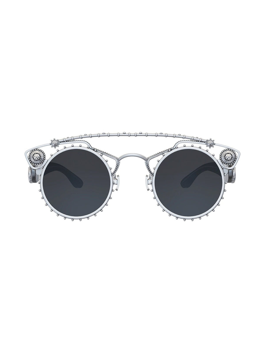 Dinero Sunglasses in 925 sterling silver, product photo on black – sunglasses, Bhavya Ramesh