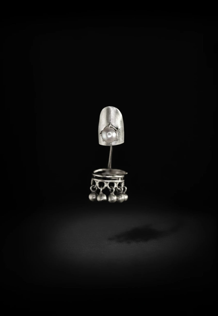 Pearlita in sterling silver, product photo on black – nail rings, Bhavya Ramesh