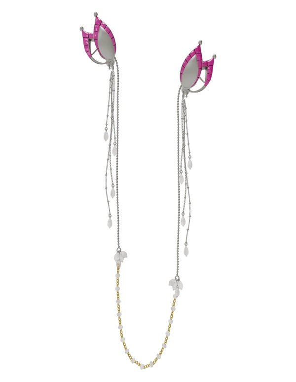 Ghevar Eardrips in sterling silver, product photo on black – earrings, Bhavya Ramesh