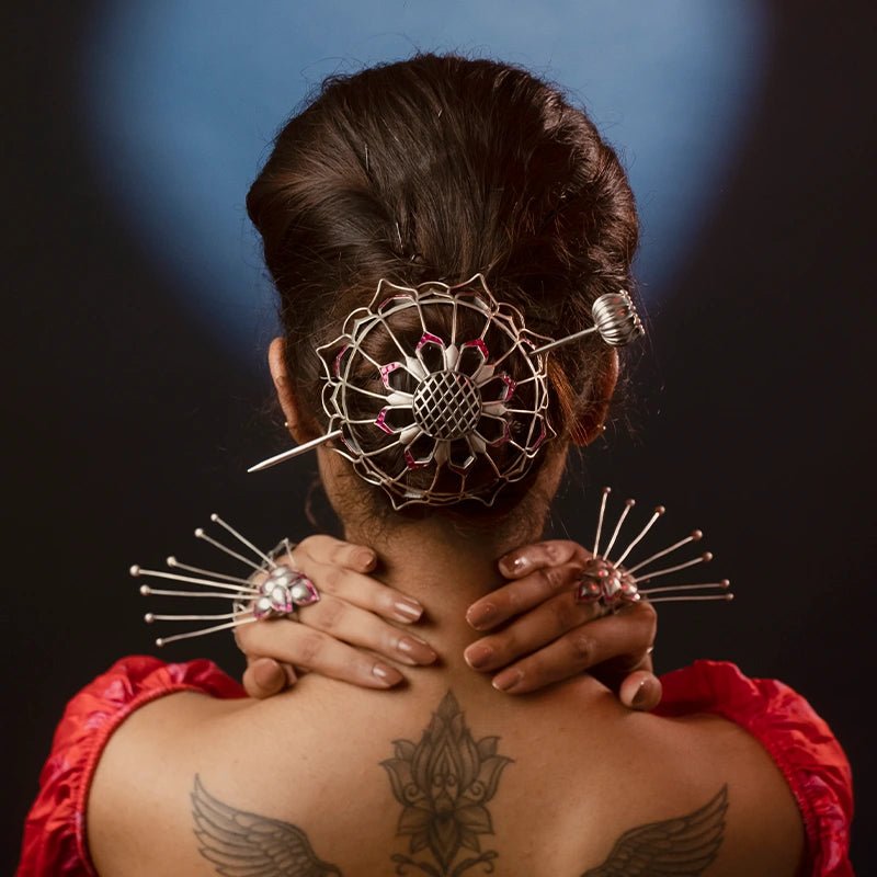 Gulaab Hair Buns in 925 sterling silver, worn by a model – hair bun, Bhavya Ramesh