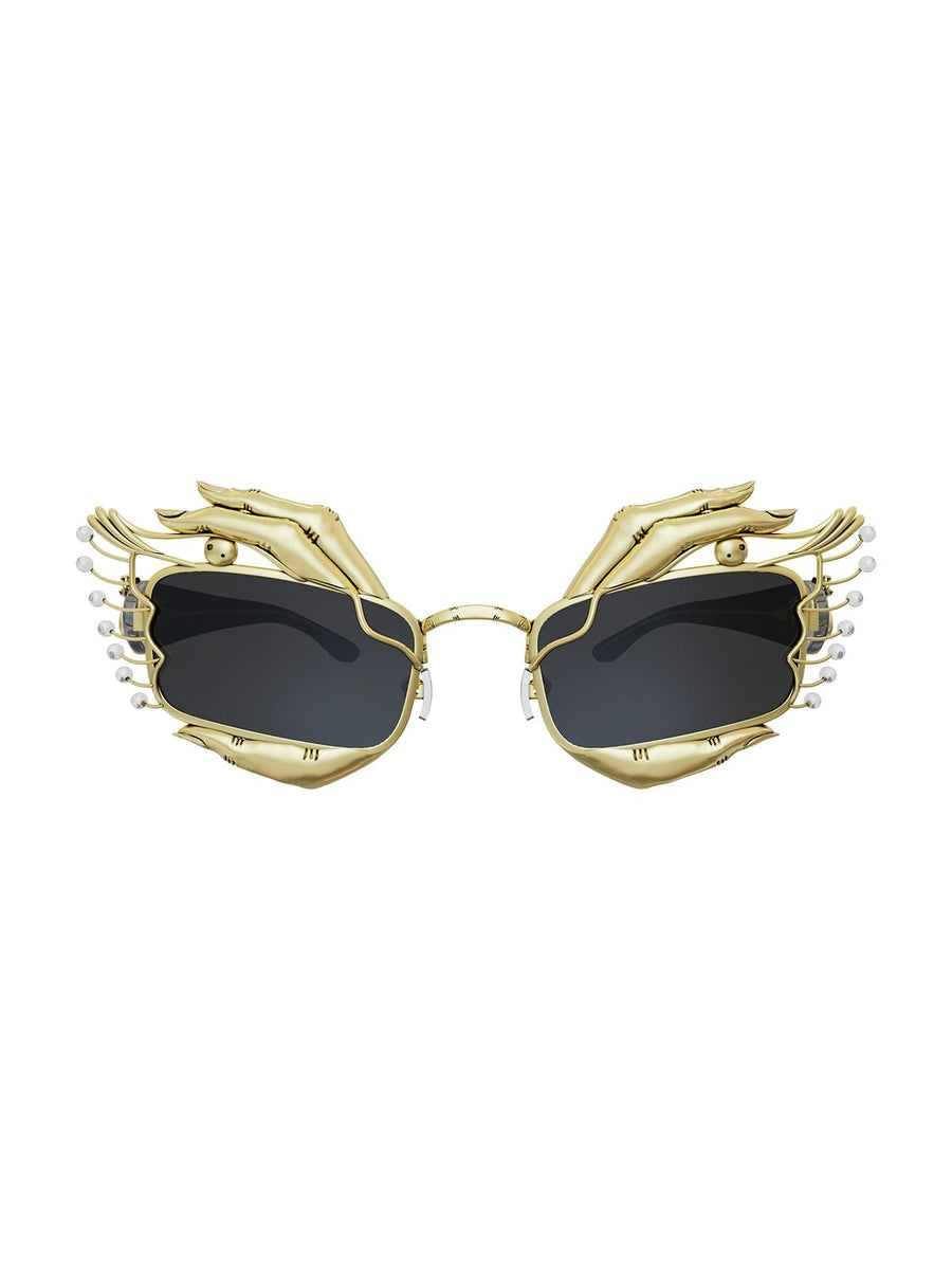 Heizengaze Sunglasses in 18-carat gold plating on sterling silver, product photo on black – sunglasses, Bhavya Ramesh