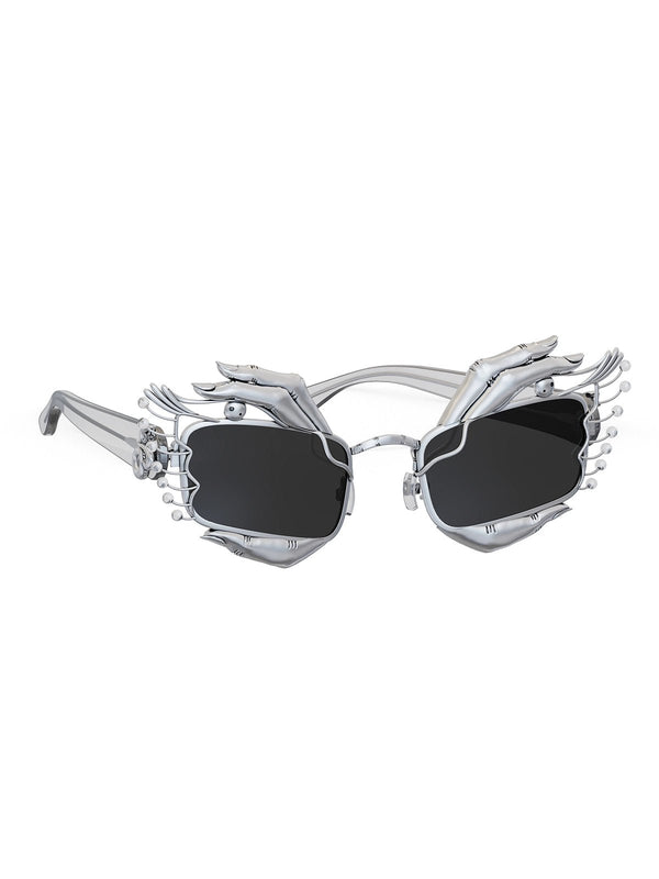 Heizengaze Sunglasses in 925 sterling silver, product photo on black – sunglasses, Bhavya Ramesh