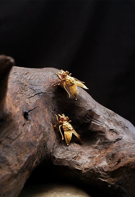 House Fly Earrings in 18-carat gold plating on sterling silver, worn by a model – earrings, Bhavya Ramesh