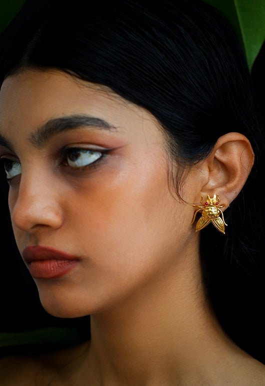 House Fly Earrings in 18-carat gold plating on sterling silver, worn by a model – earrings, Bhavya Ramesh