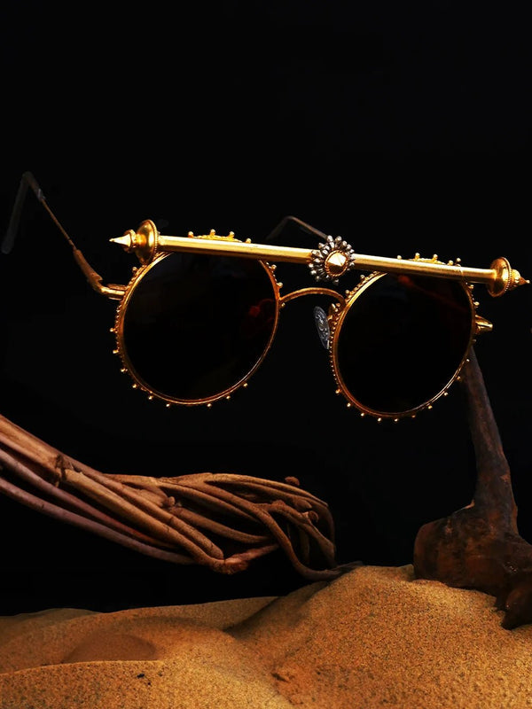 Hysteria Sunglasses in 18-carat gold plating on sterling silver, worn by a model – sunglasses, Bhavya Ramesh