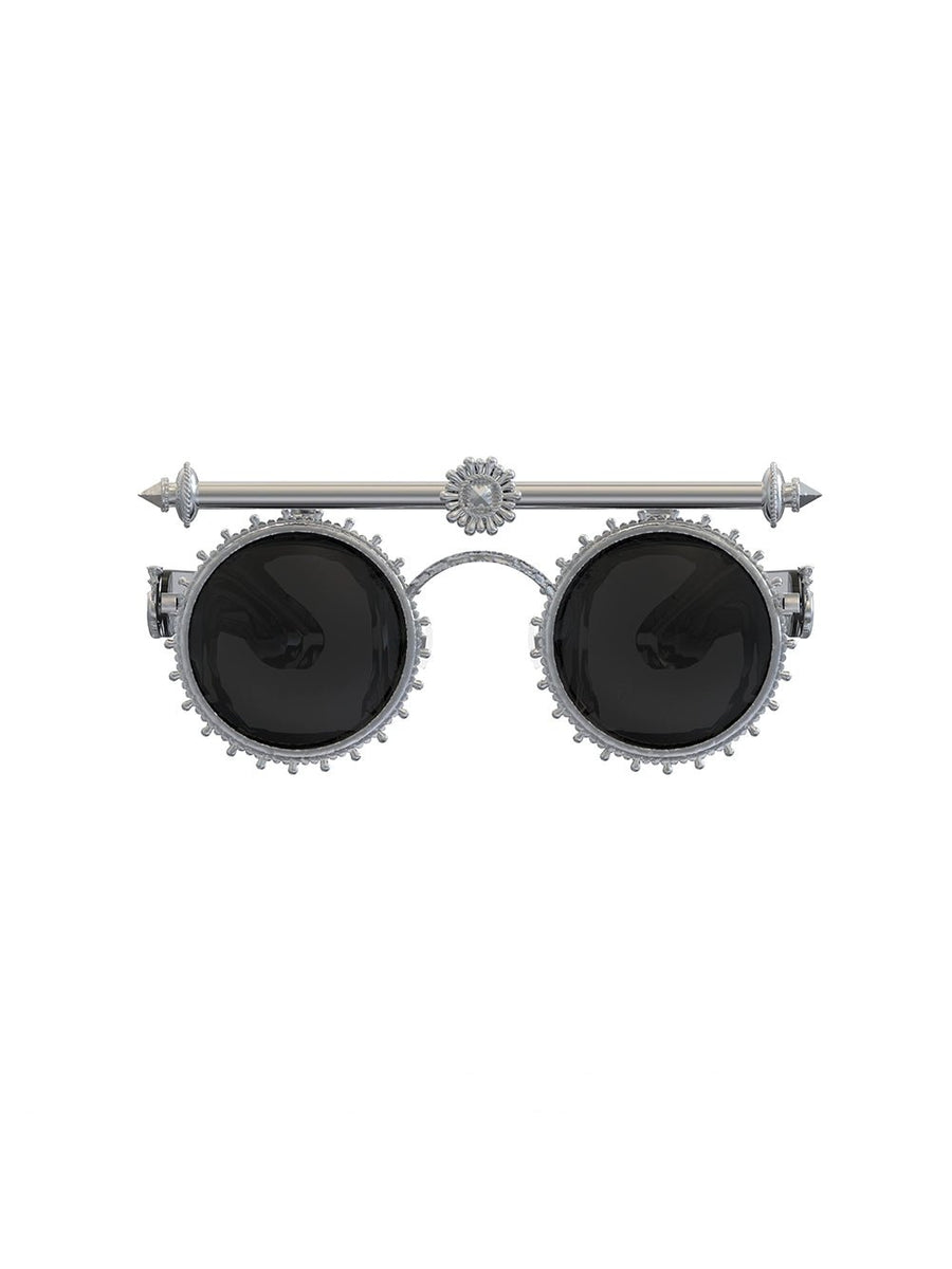 Hysteria Sunglasses in sterling silver, product photo on black – sunglasses, Bhavya Ramesh