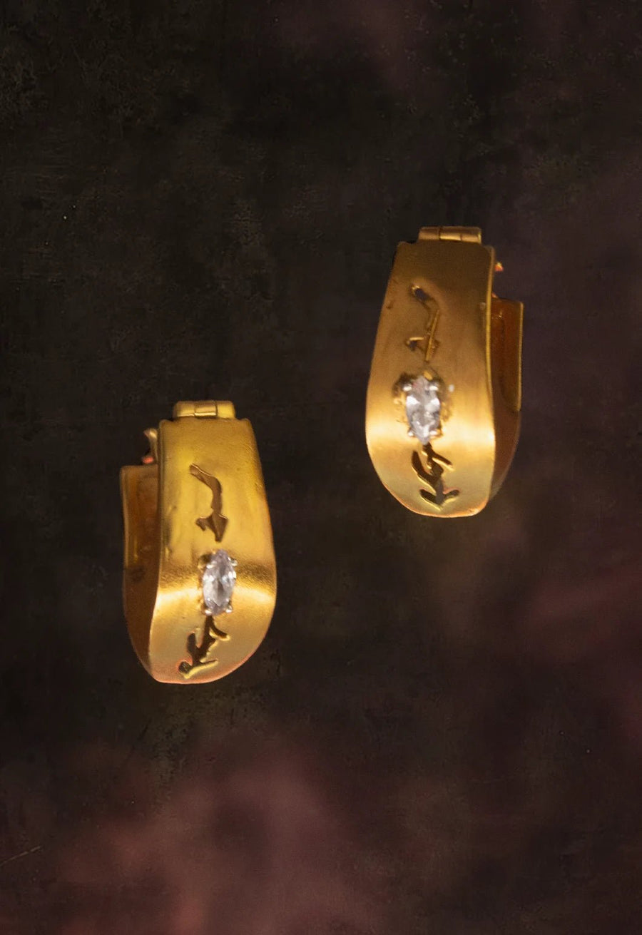 In-graved Earring in 18-carat gold plating on sterling silver, worn by a model – earrings, Bhavya Ramesh