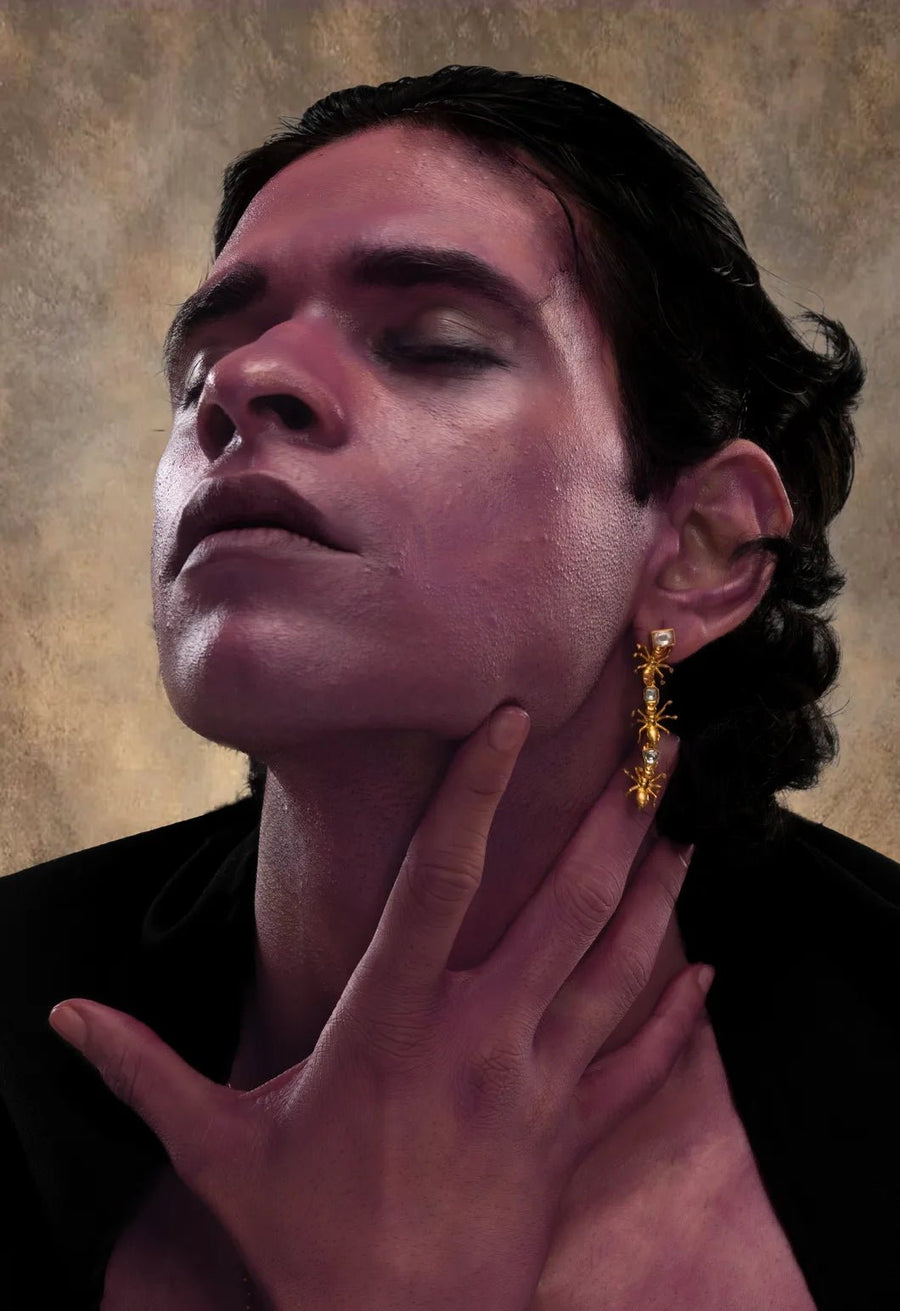 Insidious Earring in 18-carat gold plating on sterling silver, worn by a model – earrings, Bhavya Ramesh