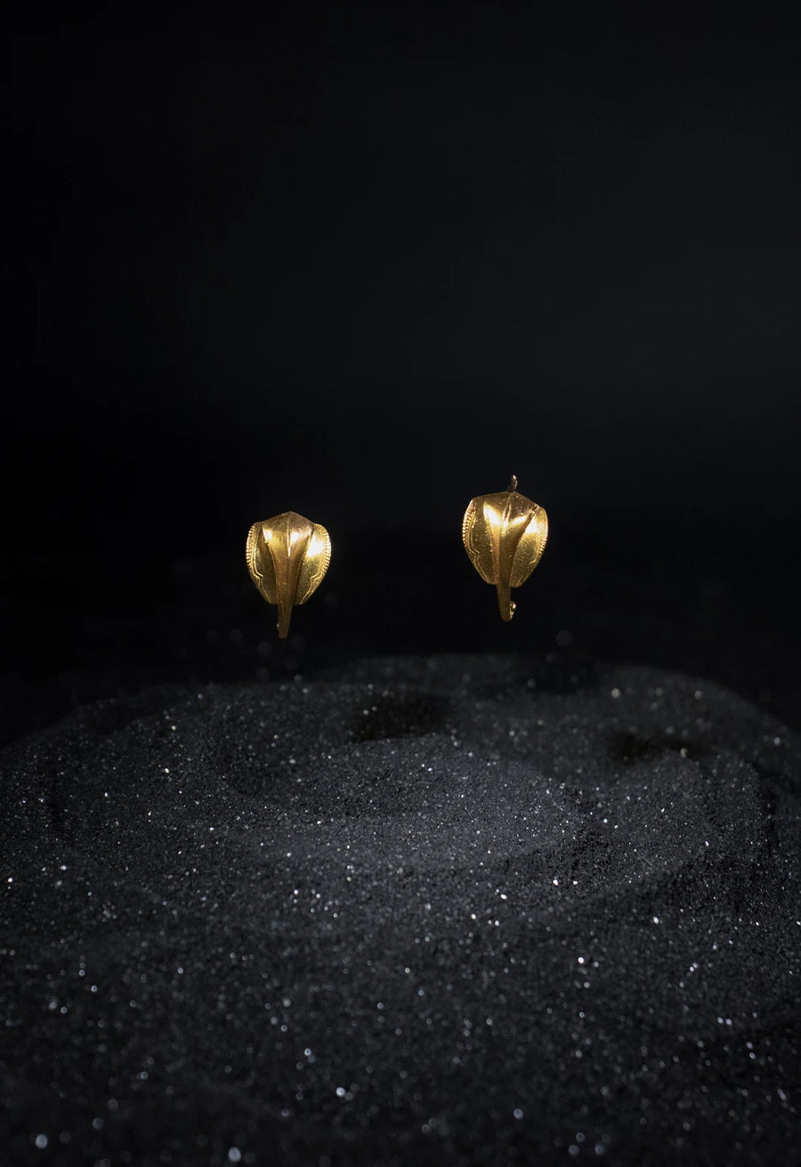 Kadru Earring in 18-carat gold plating on sterling silver, product photo on black – earrings, Bhavya Ramesh