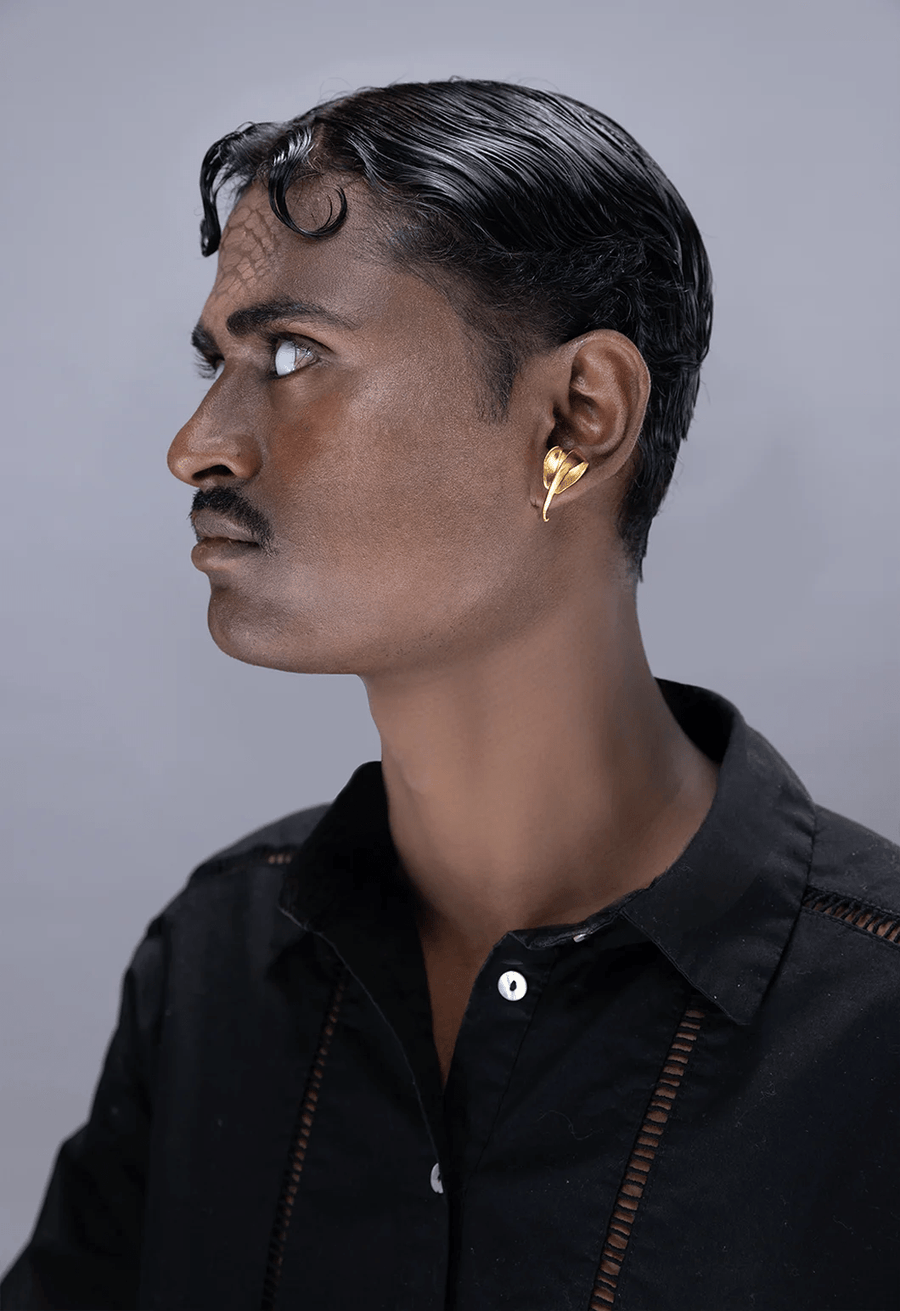 Kadru Earring in 18-carat gold plating on sterling silver, worn by a model – earrings, Bhavya Ramesh