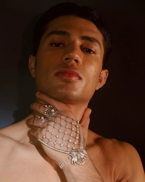Kaju Katli in 925 sterling silver, worn by a model – palm cuff, Bhavya Ramesh
