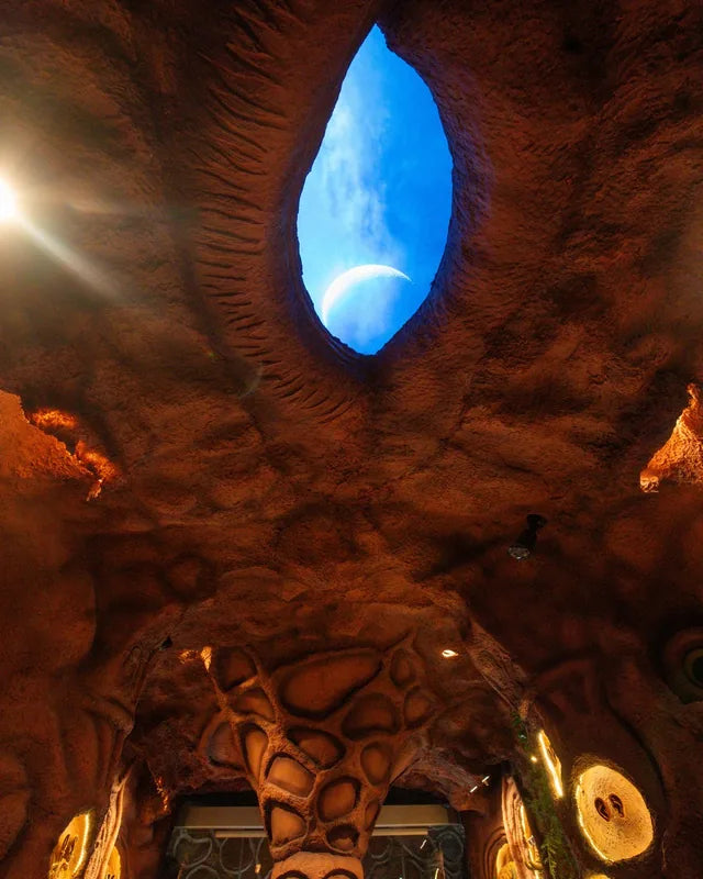 Raw cave ceiling opening into an eye-shaped skylight