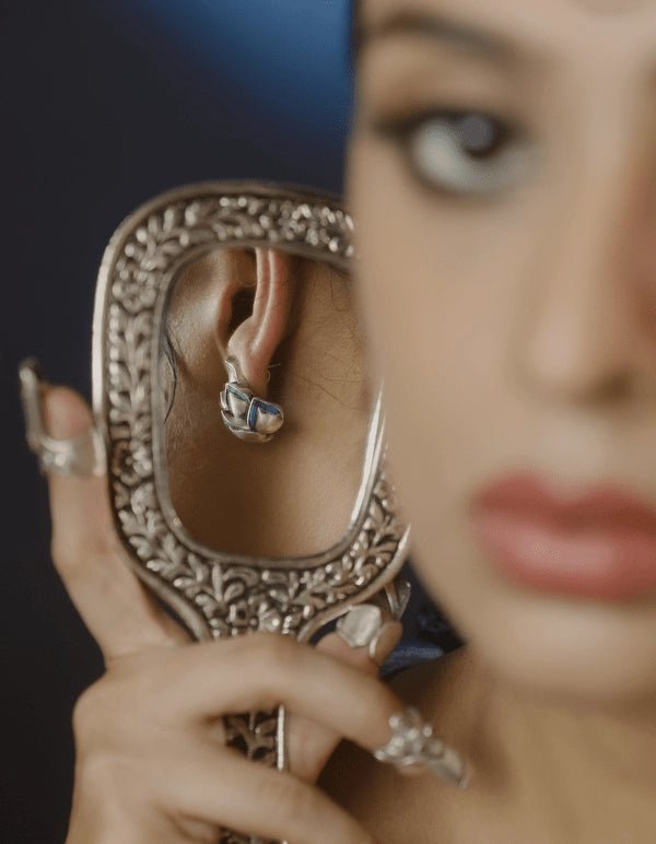 Laddoo Earbulbs in sterling silver, worn by a model – earrings, Bhavya Ramesh