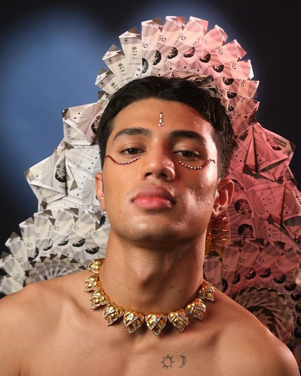Laddoo Neckbulbs in 18-carat gold plating on sterling silver, worn by a model – neck pieces, Bhavya Ramesh