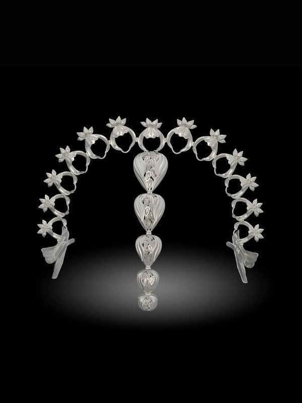 Lunar Lance in 925 sterling silver, product photo on black – hair harness, maangtika, Bhavya Ramesh