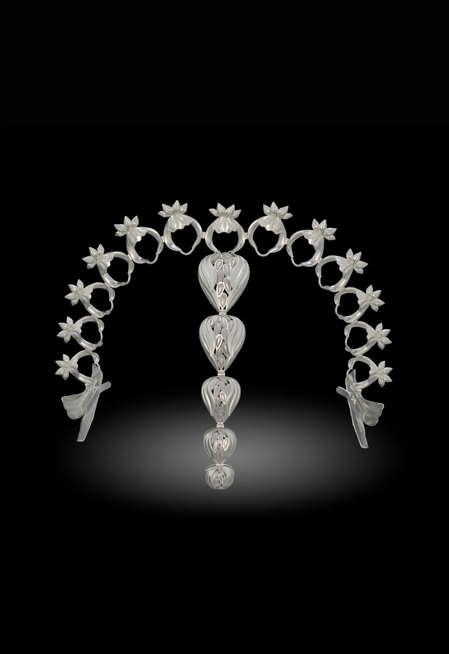Lunar Lance in 925 sterling silver, product photo on black – hair harness, maangtika, Bhavya Ramesh