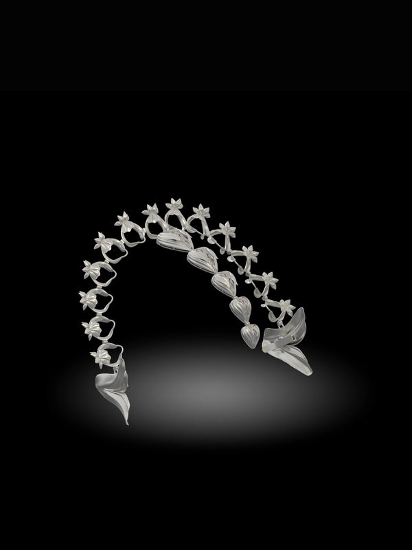 Lunar Lance in 925 sterling silver, product photo on black – hair harness, maangtika, Bhavya Ramesh