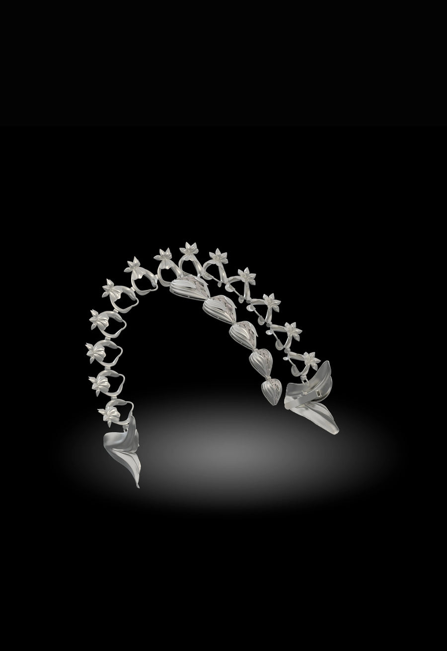 Lunar Lance in 925 sterling silver, product photo on black – hair harness, maangtika, Bhavya Ramesh