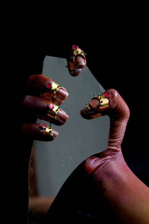 Maharani Nail Rings in 18-carat gold plating on sterling silver, product photo on black – nail rings, Bhavya Ramesh