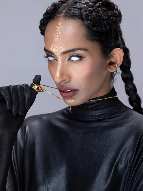 Nayankya Neckpiece in 18-carat gold plating on sterling silver, worn by a model – neck pieces, Bhavya Ramesh