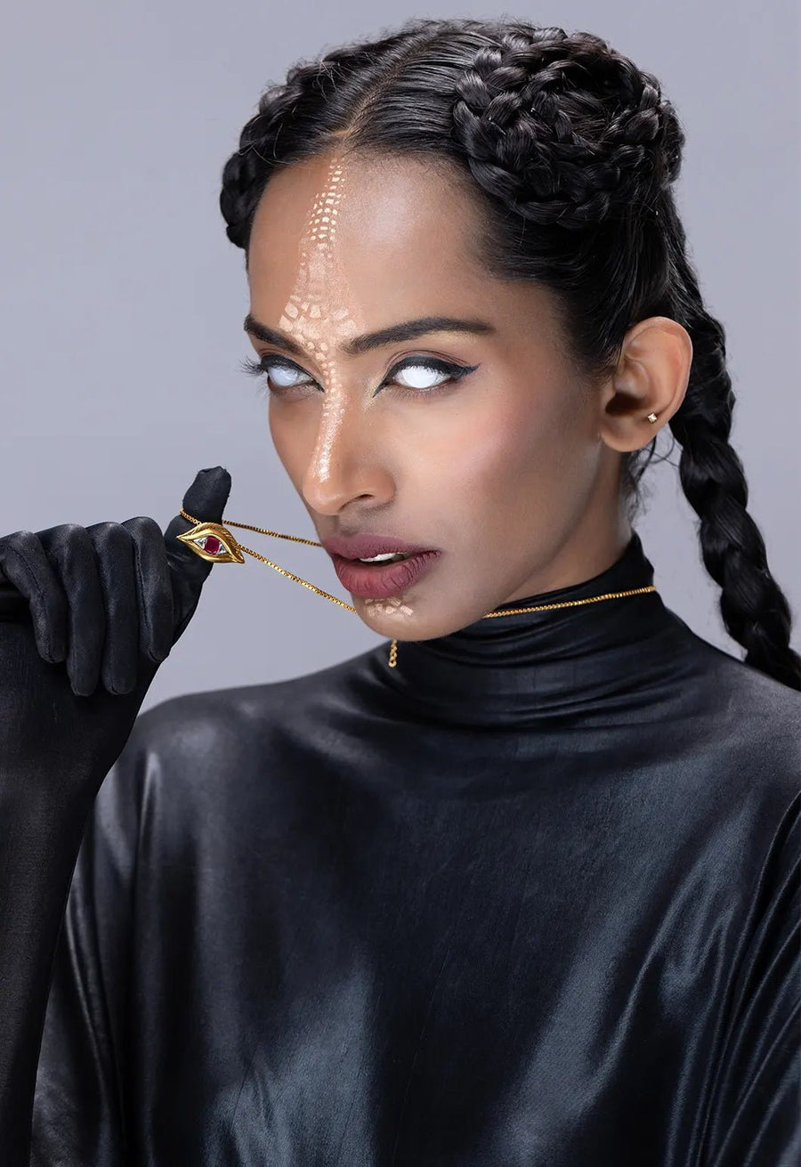Nayankya Neckpiece in 18-carat gold plating on sterling silver, worn by a model – neck pieces, Bhavya Ramesh