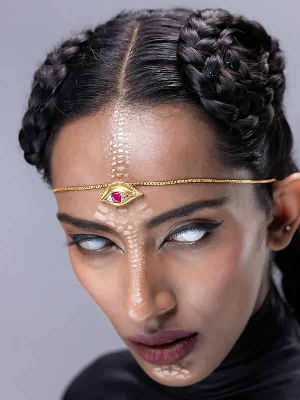 Nayankya Neckpiece in 18-carat gold plating on sterling silver, worn by a model – neck pieces, Bhavya Ramesh