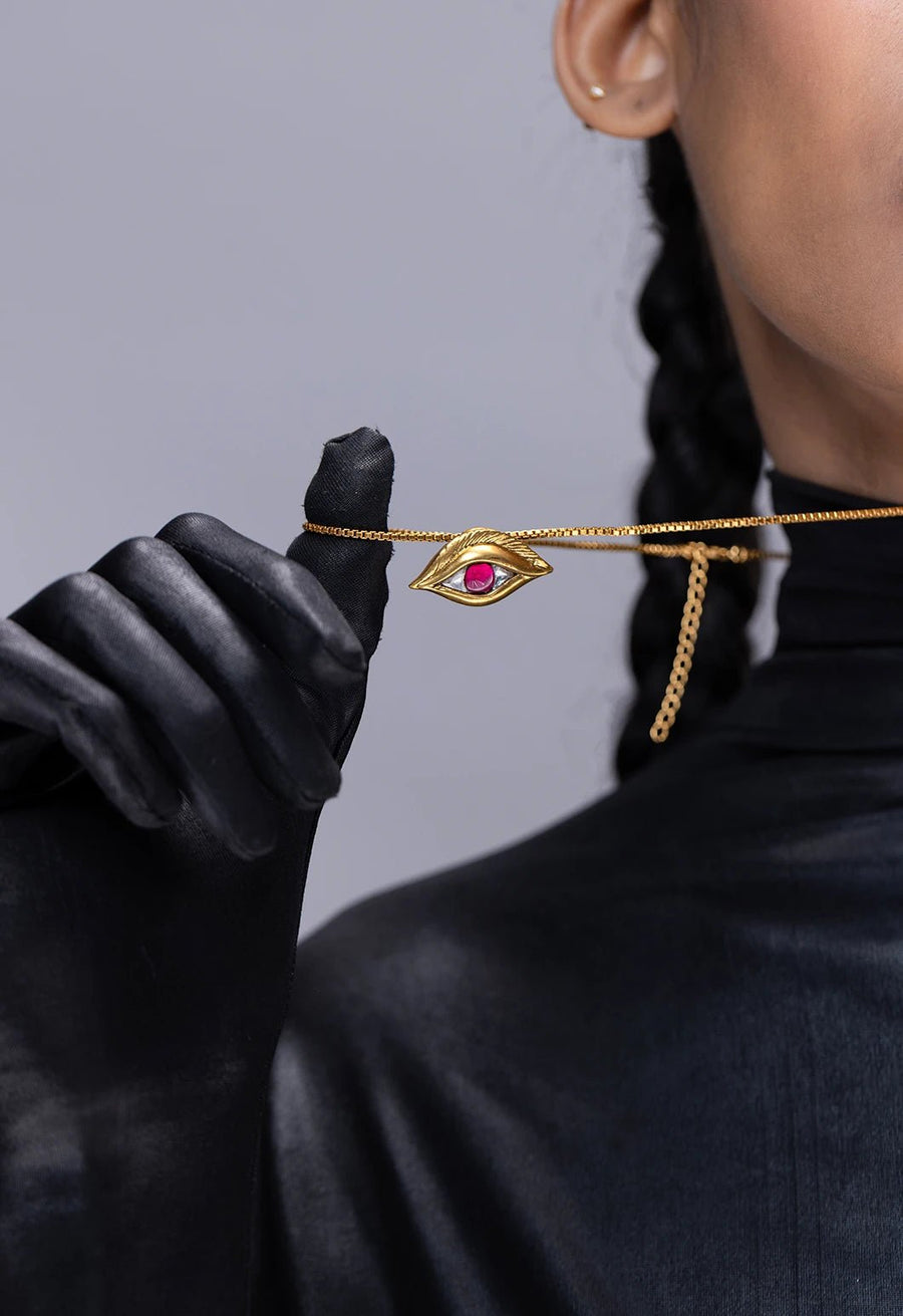 Nayankya Neckpiece in 18-carat gold plating on sterling silver, product photo on black – neck pieces, Bhavya Ramesh