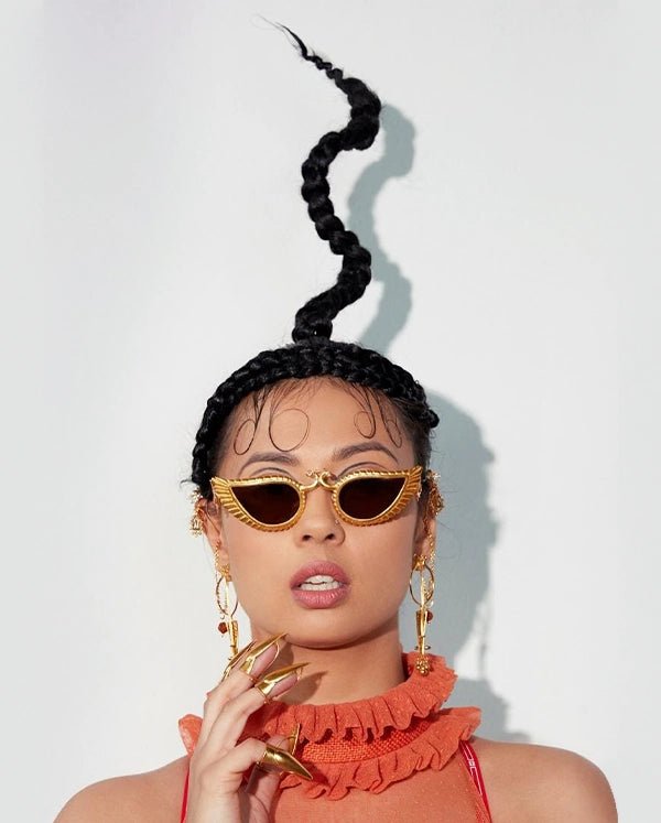 Neytiri Sunglasses in 18-carat gold plating on sterling silver, worn by a model – sunglasses, Bhavya Ramesh
