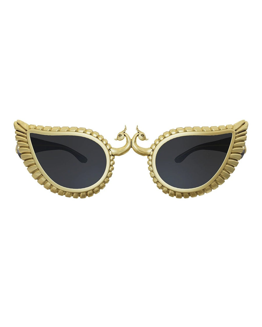 Neytiri Sunglasses in 18-carat gold plating on sterling silver, product photo on black – sunglasses, Bhavya Ramesh
