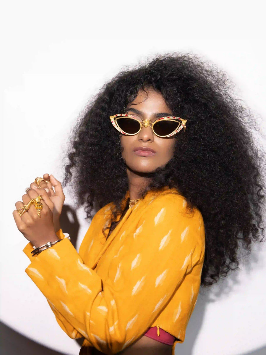 Notorious B.U.G Sunglasses in 18-carat gold plating on sterling silver, worn by a model – sunglasses, Bhavya Ramesh