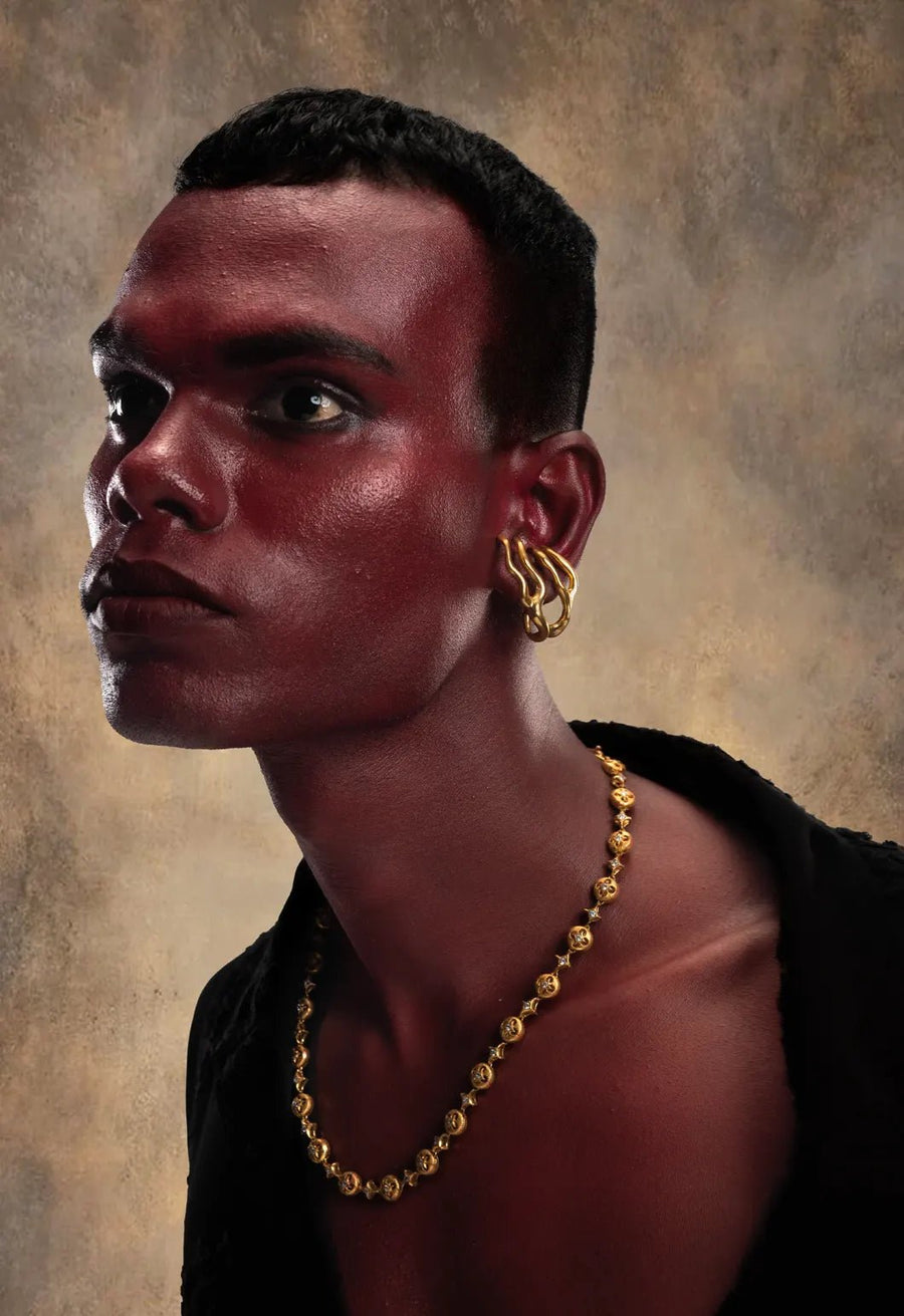Oblivion Neckpiece in 18-carat gold plating on sterling silver, worn by a model – neck pieces, Bhavya Ramesh