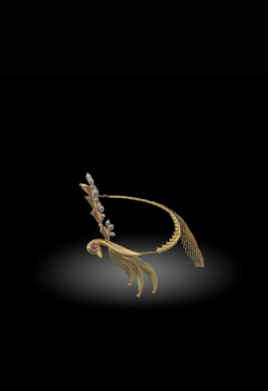 Palki in 18-carat gold plating on sterling silver, product photo on black – hair harness, maangtika, Bhavya Ramesh
