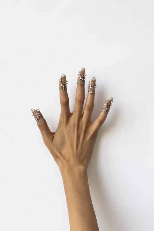 Pearls Of Wisdom in 925 sterling silver, worn by a model – nail rings, Bhavya Ramesh