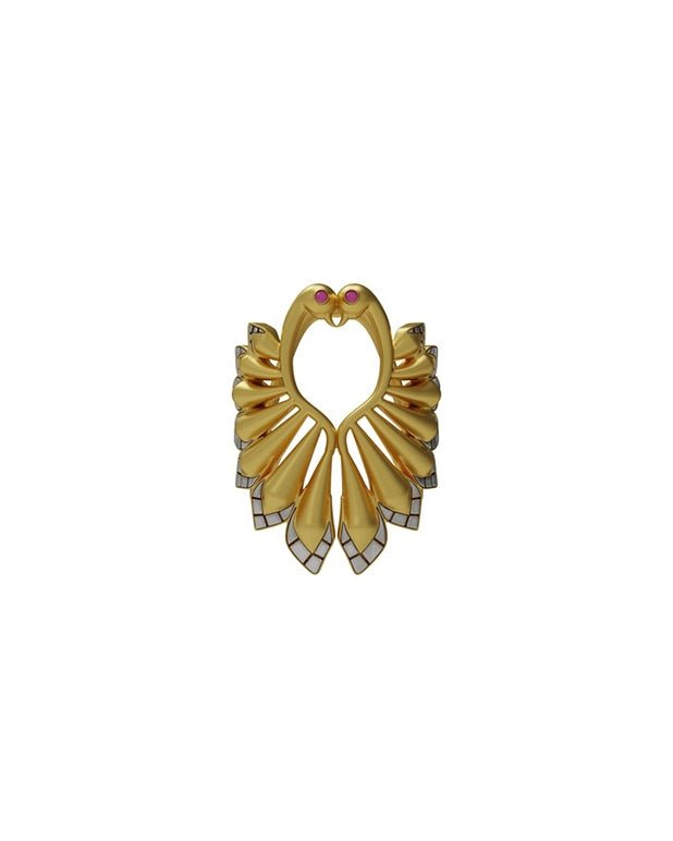 Pongal Ring in 18-carat gold plating on sterling silver, product photo on black – rings, Bhavya Ramesh