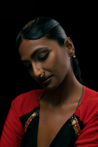 Preen Nose Pin in 18-carat gold plating on sterling silver, worn by a model – nose pin, Bhavya Ramesh