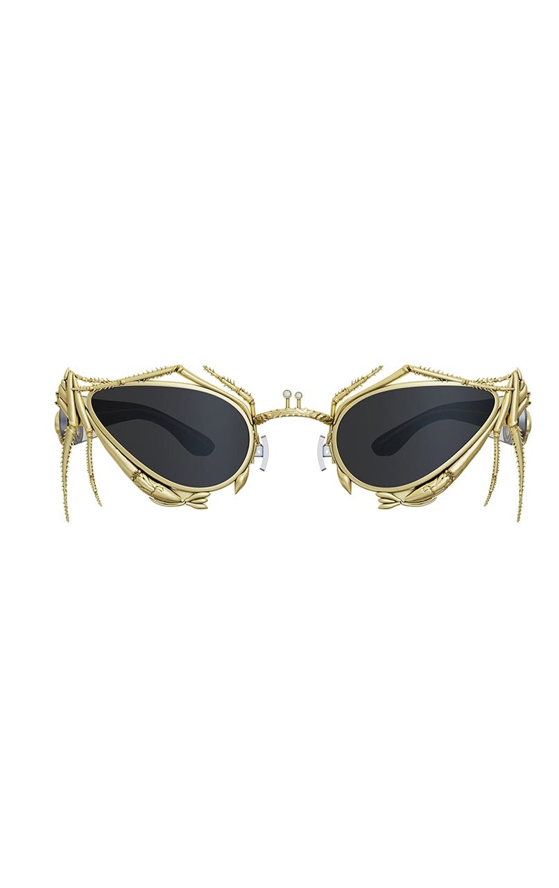 Qamini Sunglasses in 18-carat gold plating on sterling silver, product photo on black – sunglasses, Bhavya Ramesh