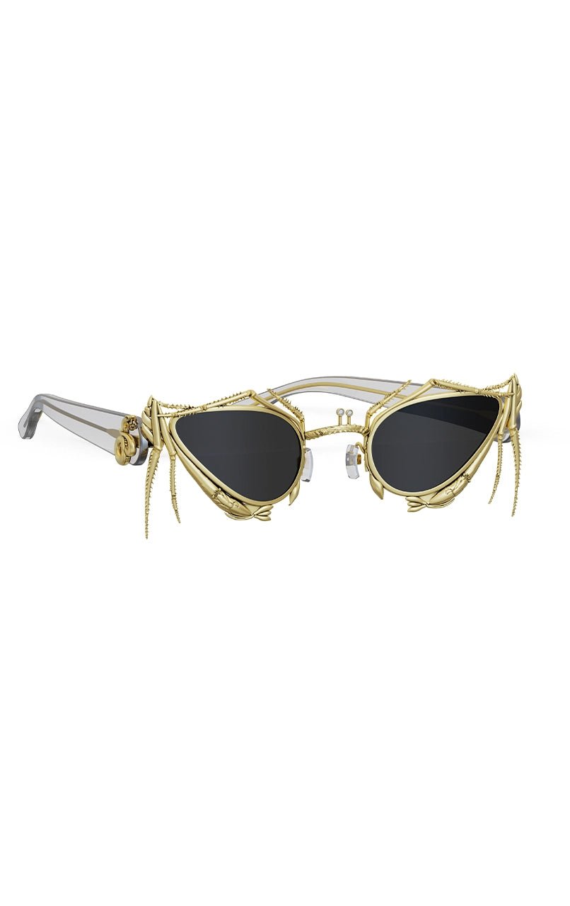 Qamini Sunglasses in 18-carat gold plating on sterling silver, product photo on black – sunglasses, Bhavya Ramesh