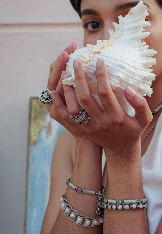 Radiate Bracelet in sterling silver, worn by a model – wrist wear, Bhavya Ramesh