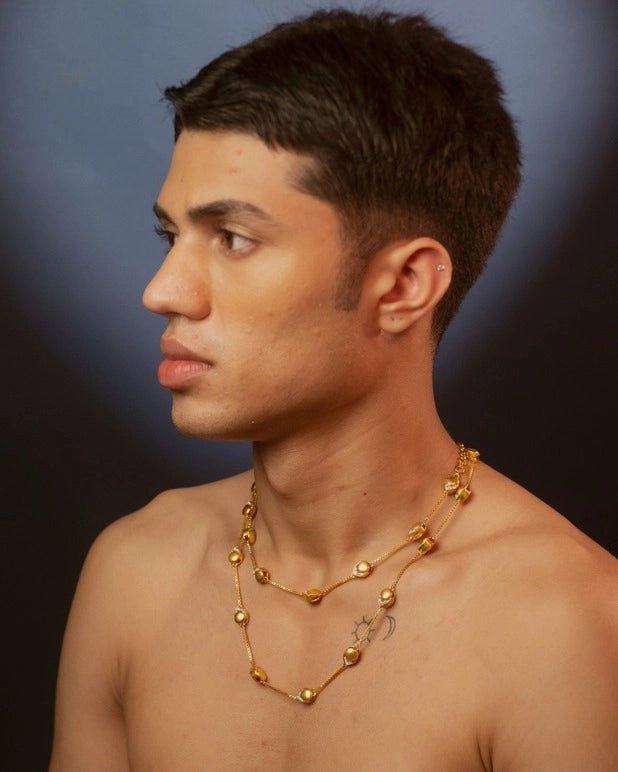 Rasmalai Long Neckdrips in 18-carat gold plating on sterling silver, worn by a model – neck pieces, Bhavya Ramesh
