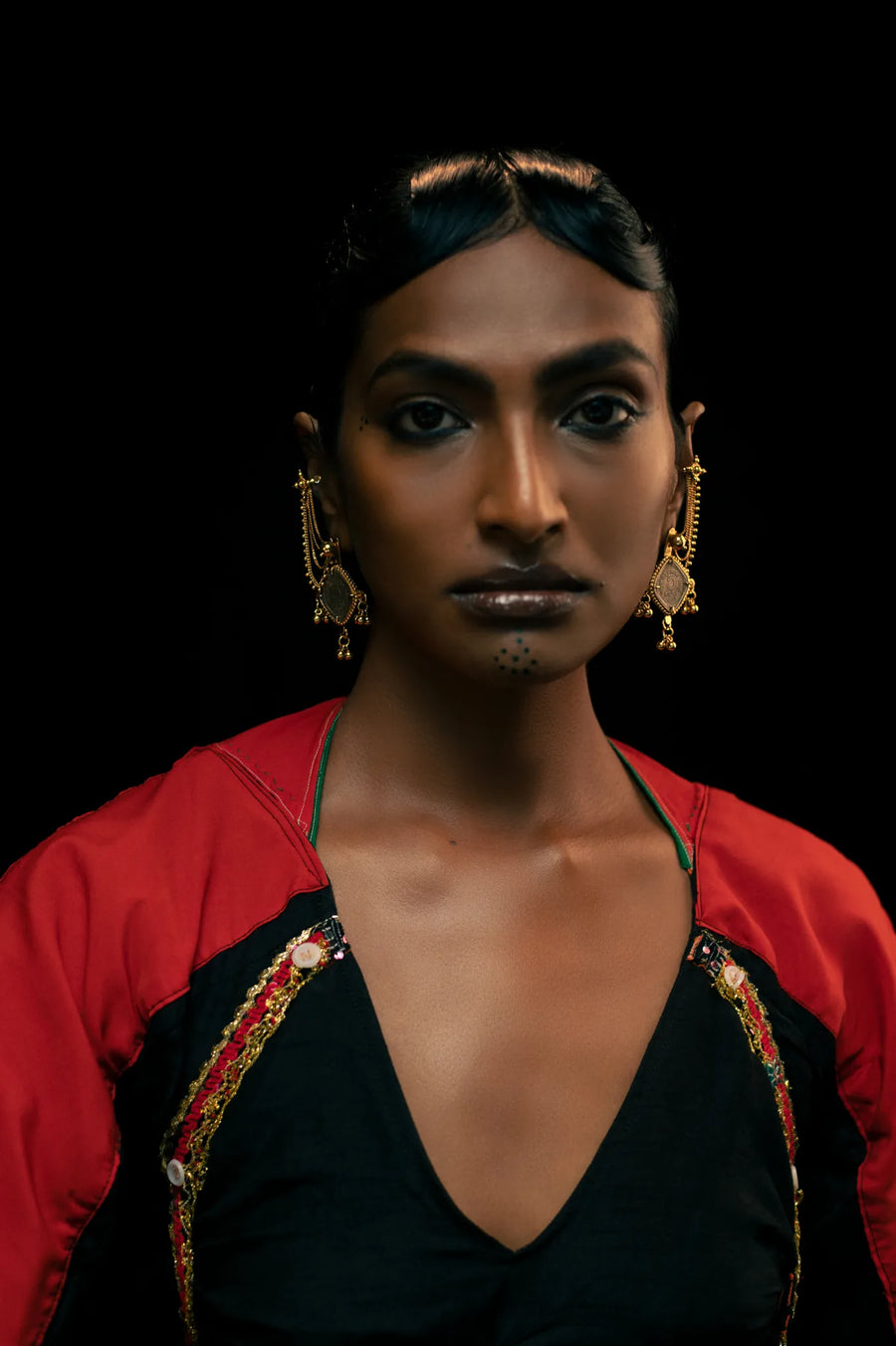Rumira Earrings in 18-carat gold plating on sterling silver, worn by a model – earrings, Bhavya Ramesh