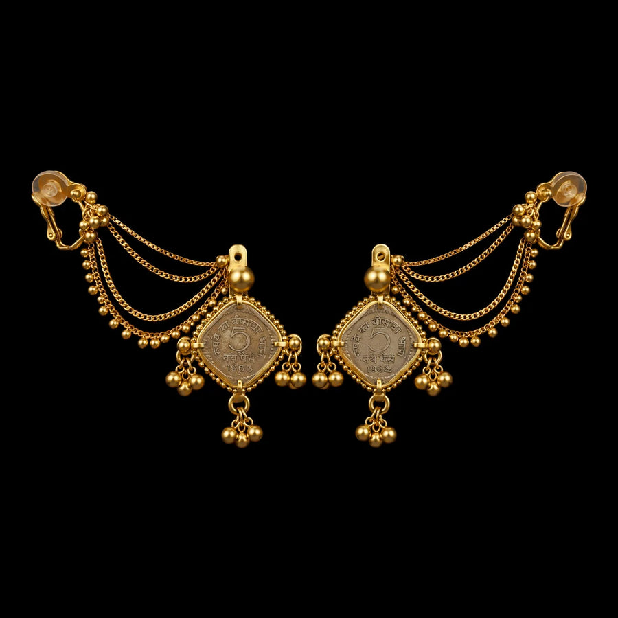 Rumira Earrings in 18-carat gold plating on sterling silver, product photo on black – earrings, Bhavya Ramesh
