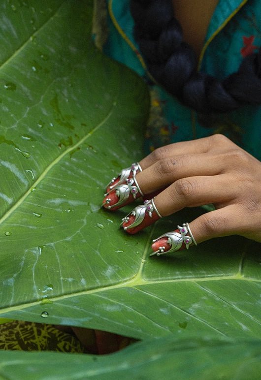 Saahas | साहस Nail Caps in 925 sterling silver, product photo on black – nail rings, Bhavya Ramesh