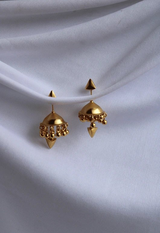 Sacred Geometry Earrings in 18-carat gold plating on sterling silver, product photo on black – earrings, Bhavya Ramesh